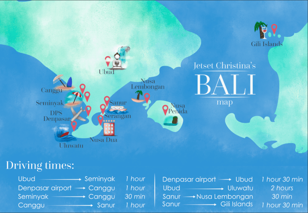 The Ultimate Bali Honeymoon Guide 2026 Jetset Christina Bali Map Driving Times Ubud Canggu Seminyak Min 1024x709 