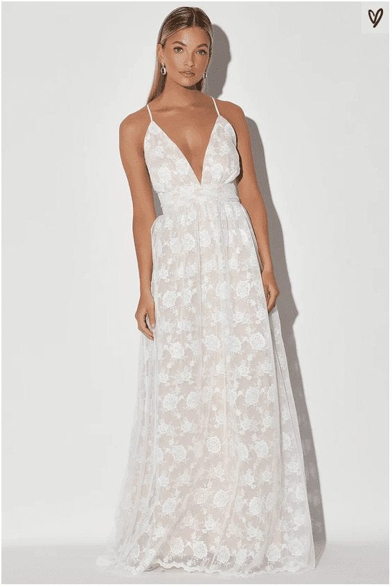 Lulus Ivywood White and Beige Embroidered Lace Backless Maxi Dress