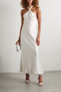 GALVAN Santorini Draped Satin Halterneck Gown in White