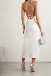 RASARIO Lace-Up Duchesse-Satin Midi Dress in White
