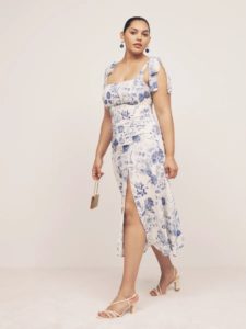 Midi length linen Reformation brand dress with blue toile print and shoulder ties