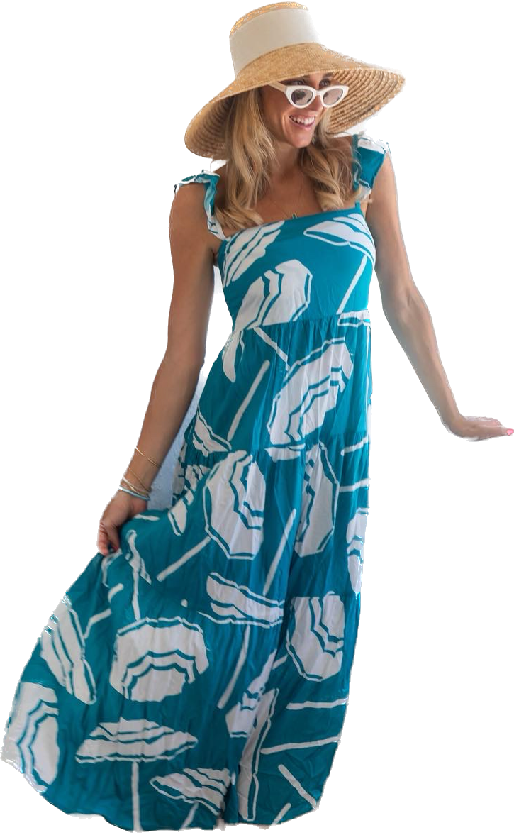 THE FONTELINA TEAL RESORT DRESS WITH RUFFLE STRAPS