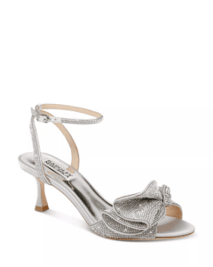 Badgley Mischka Women's Remi Almond Toe Rhinestone Ruffle Mid Heel Sandals in Silver Satin