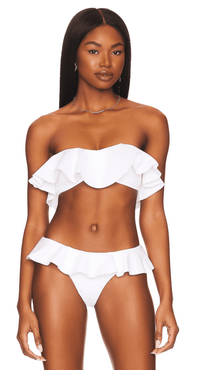 MILLY Cabana Solid Ruffle Bandeau Bikini Top in White