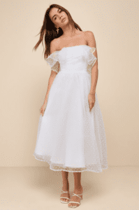 Lulus Blissful Ideal White Strapless Ruffled Swiss Dot Midi Dress