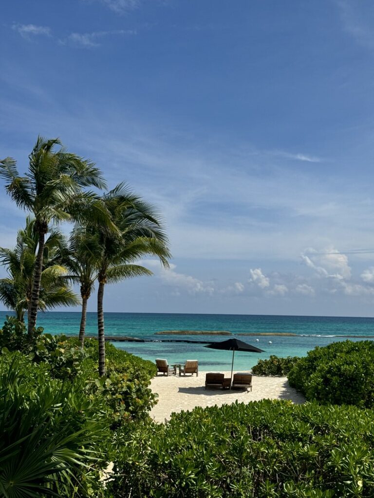 Palm-lined beach and turquoise water at Rosewood Mayakoba