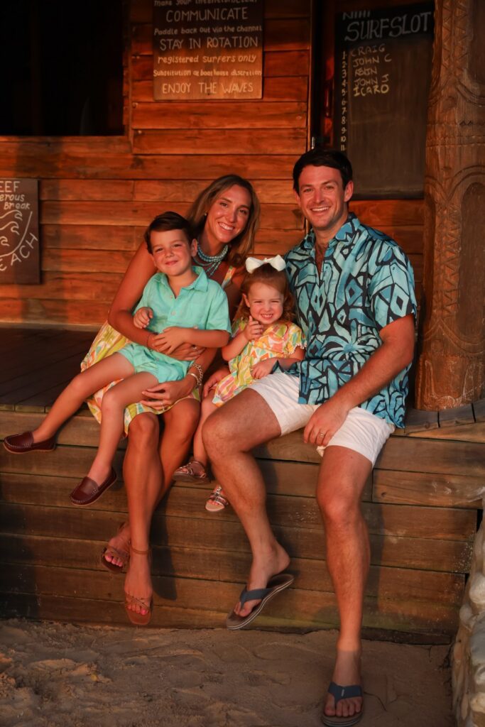 The Jetset Christina family sitting at the surf hut at NIHI Sumba, Indonesia