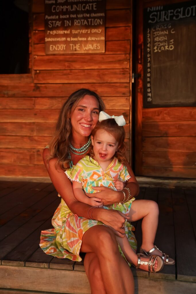 Christina and her toddler daughter at the surf hut at NIHI Sumba